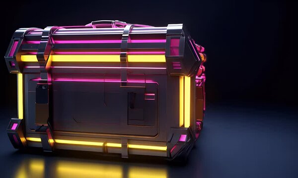 Glowing loot crate, dark studio, neon lights, game reward