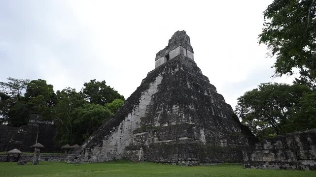 Great aerial shot over the Tikal pyramids in Guatemala
