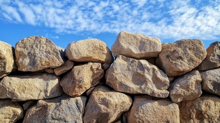 Close-up of an ancient, jagged stone wall under the brilliance of a blue sky