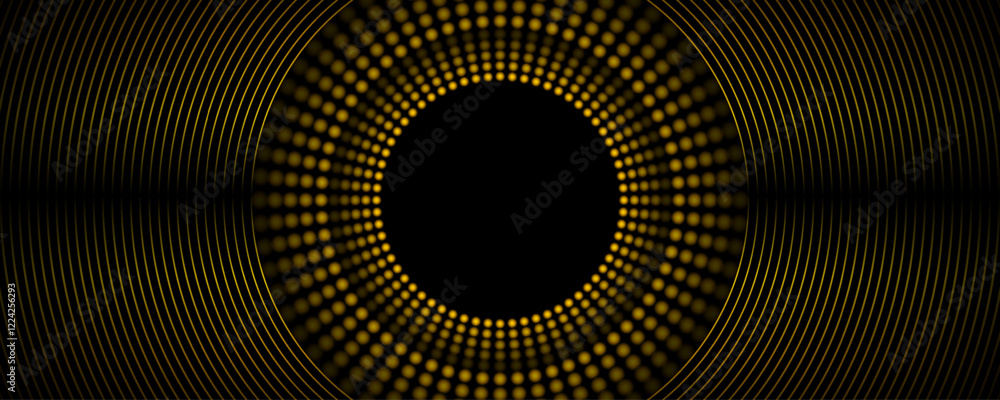 Poster Golden shiny circular lines and dotted circles abstract futuristic tech background. Vector minimal geometric glowing design