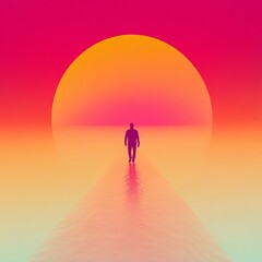 Fototapeta premium Surreal Silhouette of a Person Walking Toward a Vibrant Sunset on a Reflective Pathway