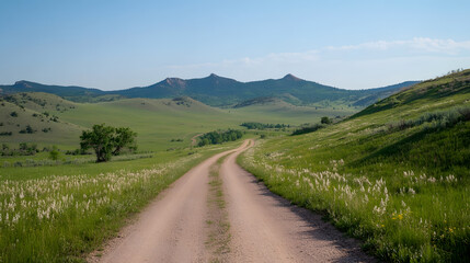 Scenic Rural Dirt Road Leading Through Rolling Green Hills and Blue Sky : Generative AI