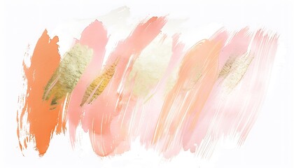 Soft brush strokes in muted pastel colors like peach, pink blush, and gold on a white background,...