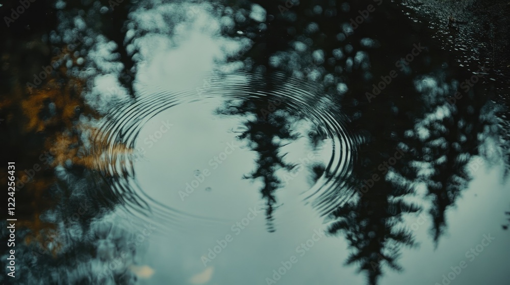 Poster close-up of rain ripples in a puddle reflecting surrounding trees in soft focus
