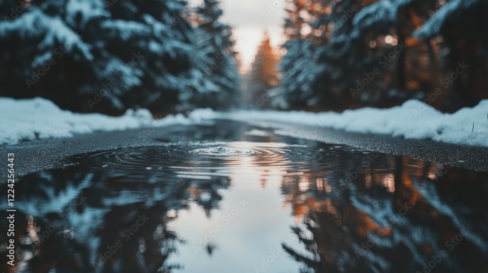 Poster close-up of rain ripples in a puddle reflecting surrounding trees in soft focus