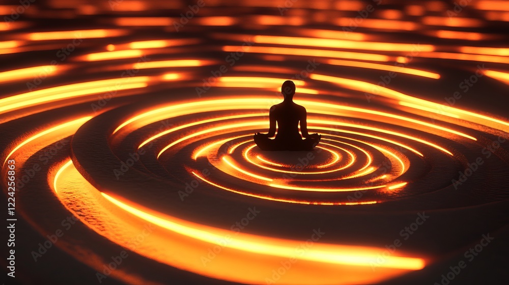 Poster serene meditation silhouette amidst glowing abstract light patterns in a tranquil setting
