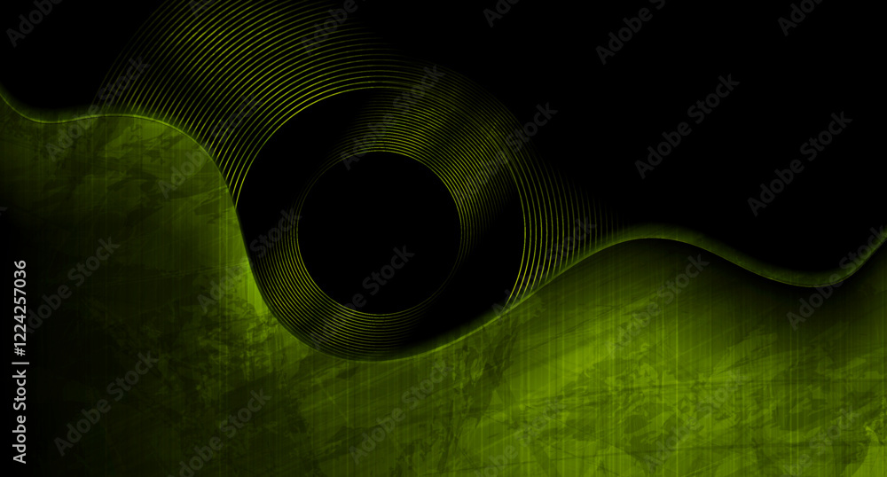 Poster Green wavy grunge abstract background with linear circles. Vector minimal concept geometric design