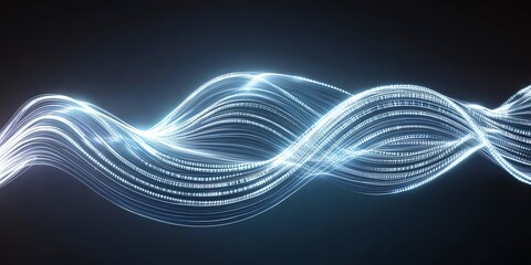 Abstract glowing light wave on dark background, representing modern digital technology.