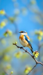 Colorful bird on branch against clear blue sky with budding leaves