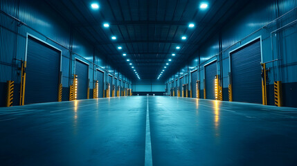 Fototapeta premium Spacious Empty Warehouse Interior with Bright Ceiling Lights