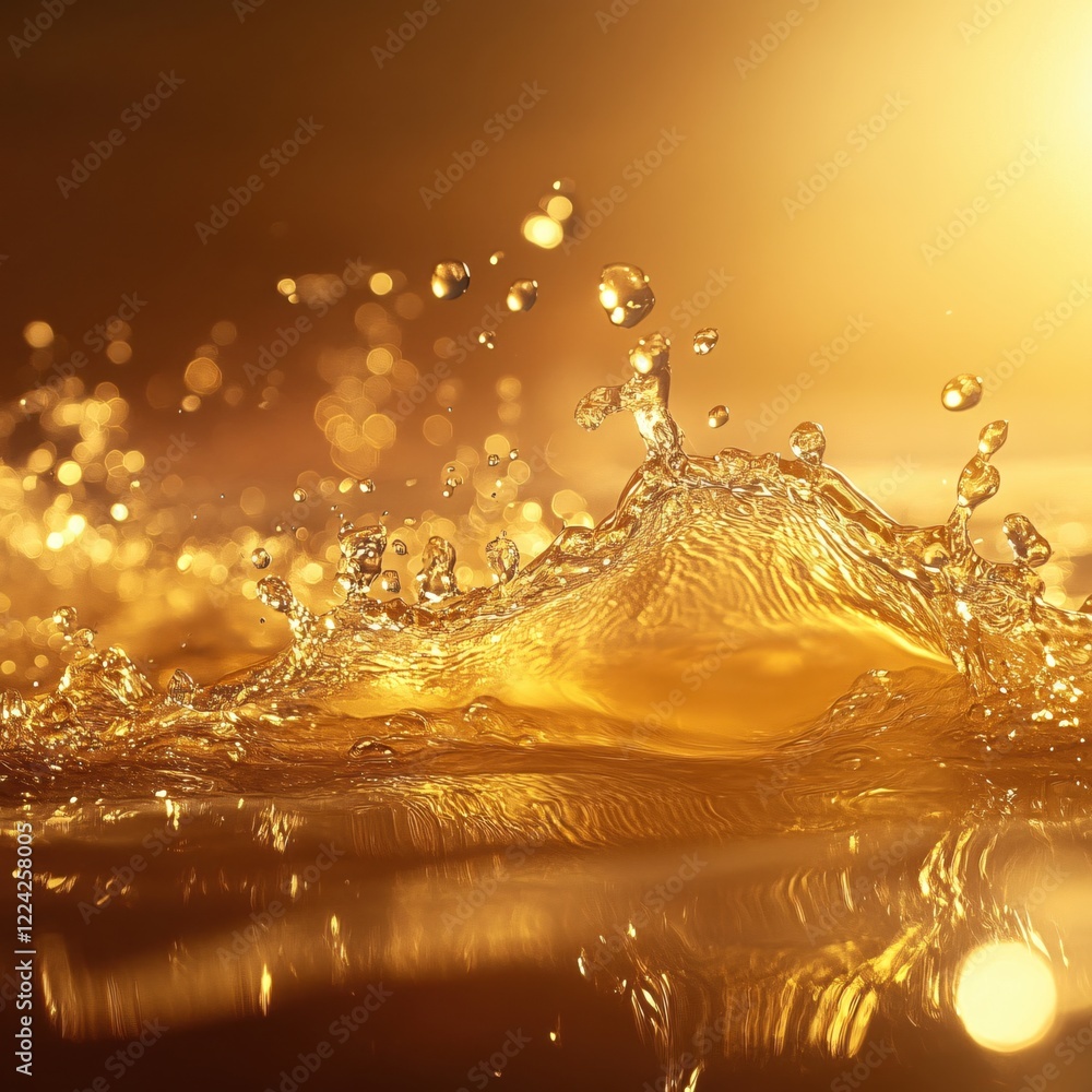 Poster golden liquid splash with many droplets and bokeh effect under a bright light source