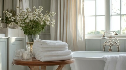 Fresh, folded sheets sit perfectly on a small bathroom table, complementing the clean and airy ambiance of the room