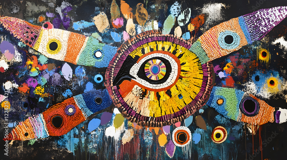Poster Vibrant Abstract Mural with Colorful Eye and Diverse Patterns : Generative AI