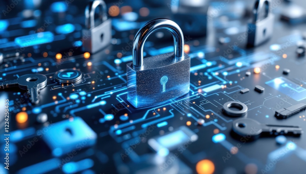 Poster secure digital network with padlock and circuitry illustrating cybersecurity concept