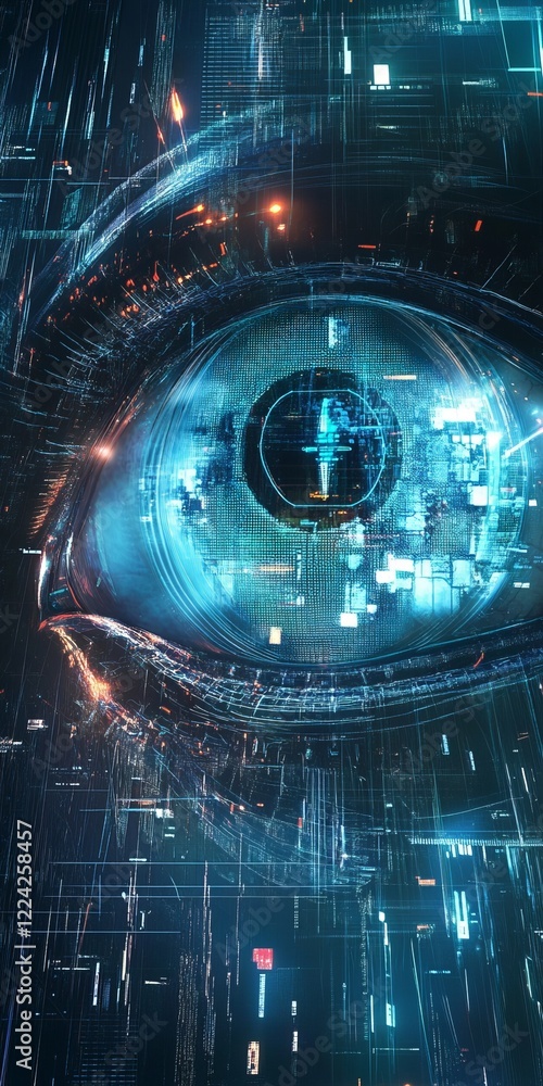 Poster futuristic digital eye with cybernetic elements and data streams in a high-tech virtual environment