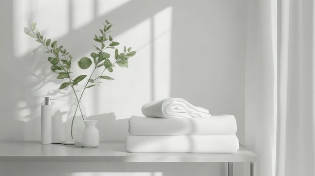 Freshly laundered white bedding sheets arranged tidily on a sleek bathroom table, adding a touch of cleanliness and simplicity