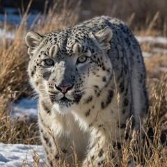 Fototapeta premium A snow leopard’s fur glistening in the sunlight as it explores a snowy meadow.