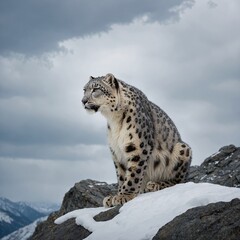 A snow leopard perched on a snowy cliff with clouds swirling below.