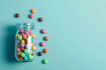 Colorful candy in a glass jar on a turquoise background. Bright and cheerful sweets scattered creatively, perfect for vibrant presentations.
