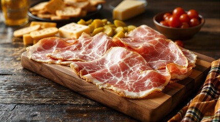 Fototapeta premium Spekeskinke (Cured Ham) Charcuterie Board with Pickles and Cheese (Norwegian Cuisine)