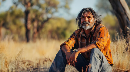 Obraz premium Thoughtful middle-aged man in a natural landscape during golden hour : Generative AI
