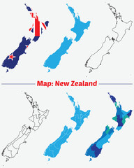 New Zeland Map. borders marked, Simple map of New Zeland vector drawing, Filled and outline. flag map.