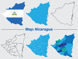 Map of Nicaragua. borders marked, Simple map of Nicaragua vector drawing, Filled and outline.