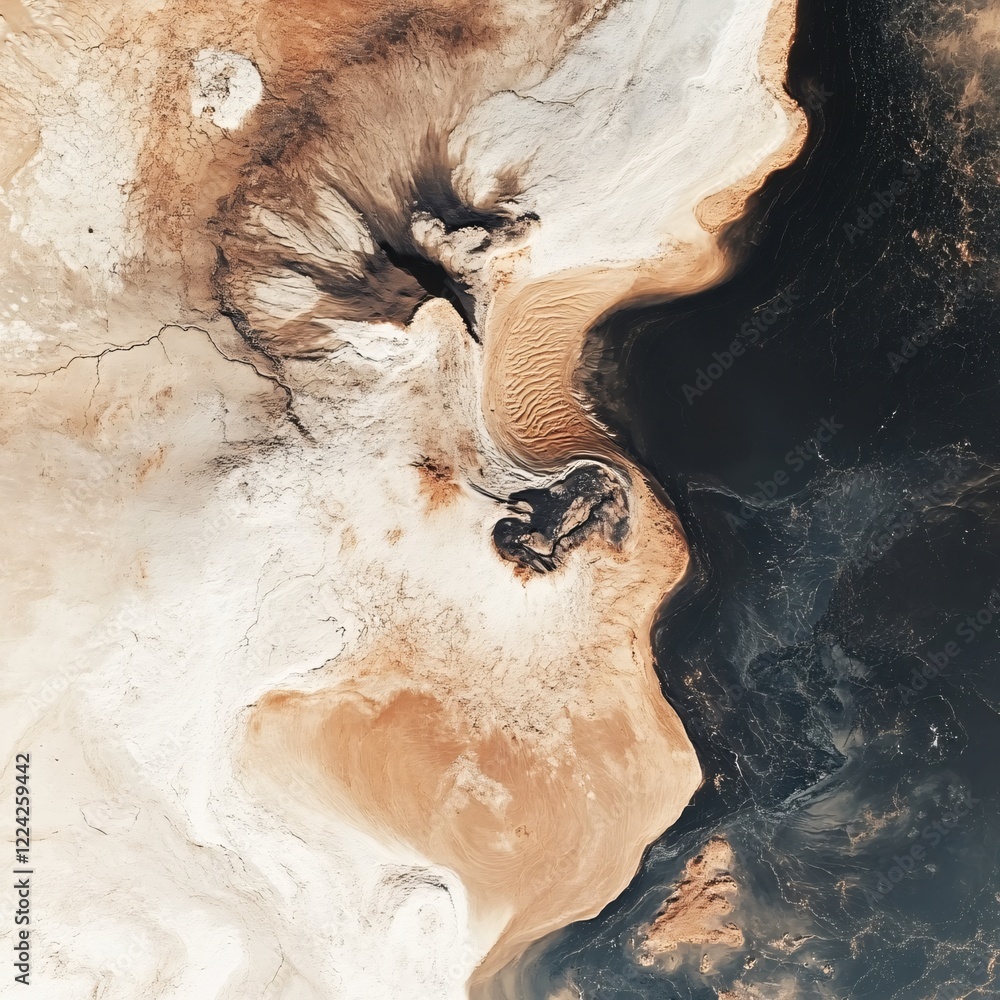 Poster aerial view of desert landscape with dark water and sand dunes creating abstract patterns