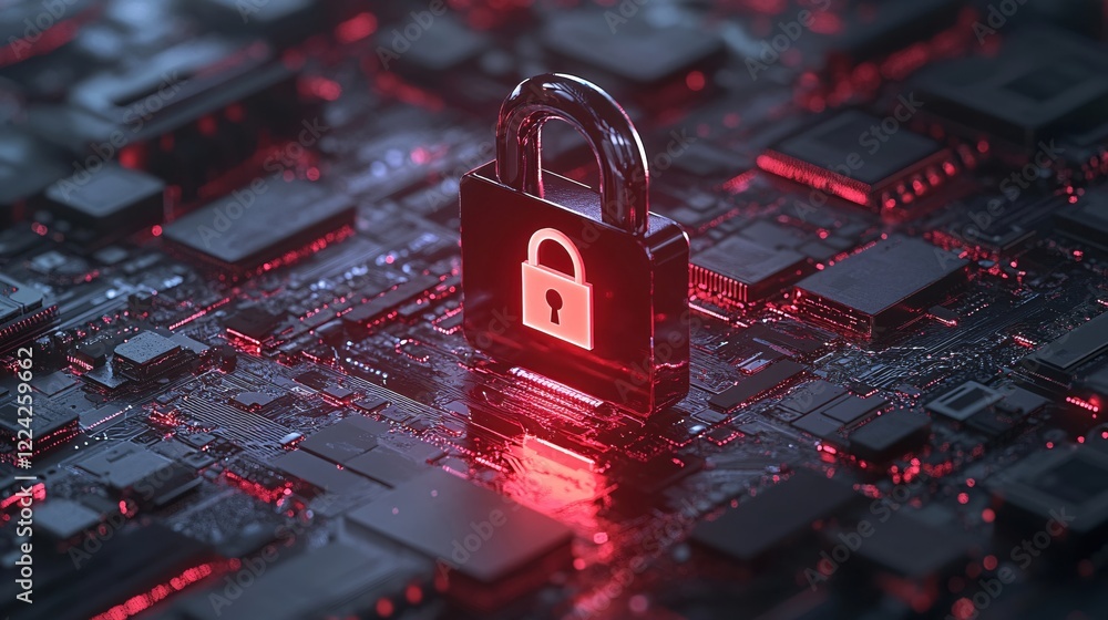 Poster secure data protection concept with a padlock on a dark circuit board with red light
