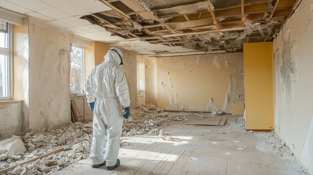 Person in protective suit inspecting a dilapidated room with damaged walls, ceiling, and debris.