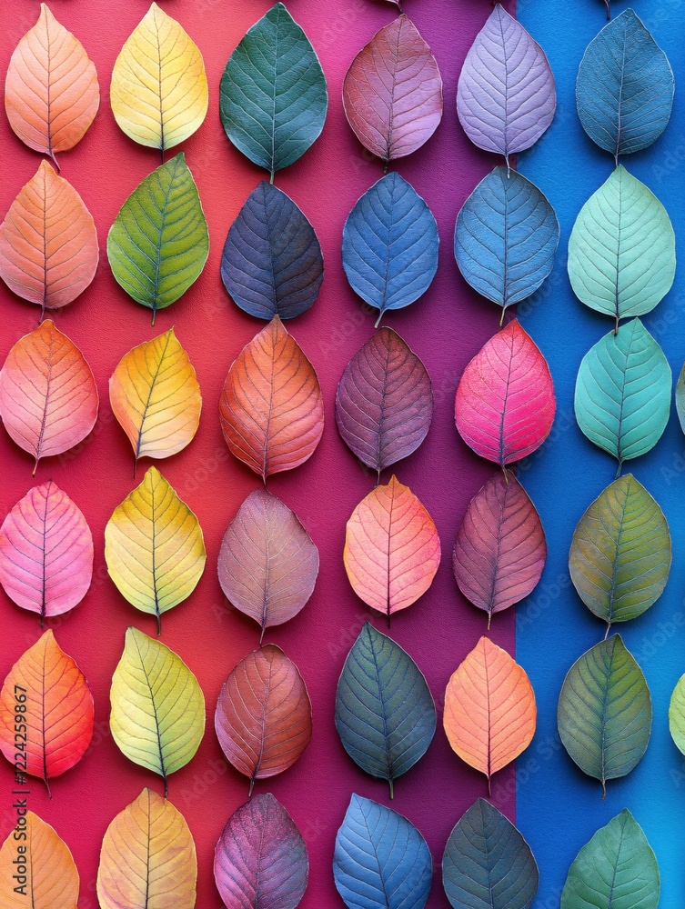 Poster colorful leaves arranged on a vibrant background creating a beautiful pattern and texture