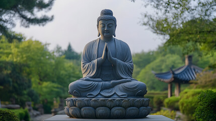 Obraz premium Serene Stone Buddha Statue Meditating in Lush Garden Landscape Tranquility : Generative AI