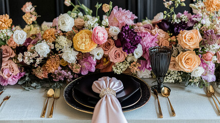 Elegant royal dining table adorned with luxurious floral arrangements for wedding or event, vintage tableware, and candles in a classic English countryside manor, creating a romantic and sophisticated
