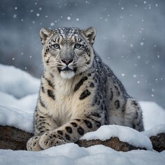 A snow leopard resting on a snowbank, surrounded by sparkling frost.