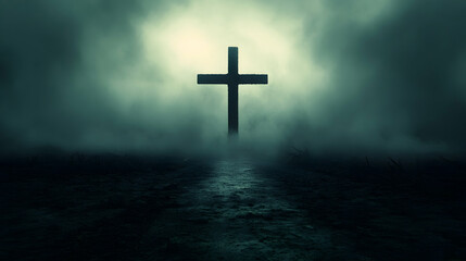 Dark Silhouette of Cross in Foggy Atmosphere at Dusk