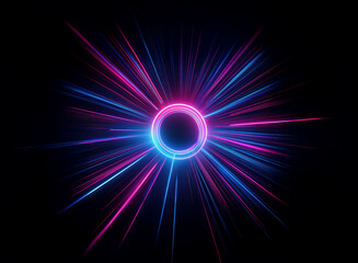Fototapeta premium A vibrant neon ring encircled by radiating pink and blue light streaks against a black background. The image evokes energy and dynamism.