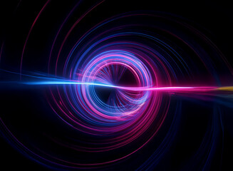 Abstract swirling neon lights form a vibrant, luminous vortex against a black background.  The energy is dynamic and captivating.