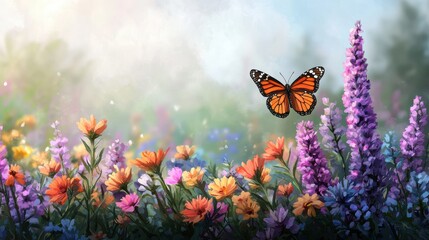 Vibrant Butterfly in a Colorful Wildflower Meadow