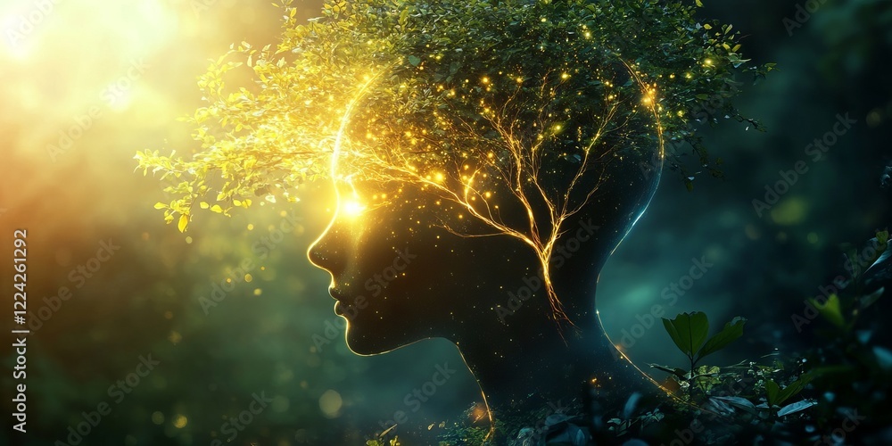 Poster surreal image of a human head with a tree growing and glowing lights in a mystical forest setting