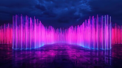 Vibrant Neon Cityscape at Night Futuristic Glowing Columns and Reflective Surface