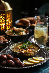Ramadan iftar dinner at a restaurant. Breaking fast. Traditional muslim gathering sharing food
