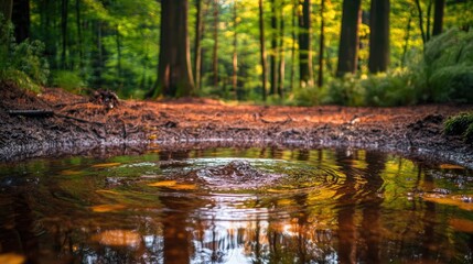 Rain splashing into a puddle with tree reflections and soft ripples visible