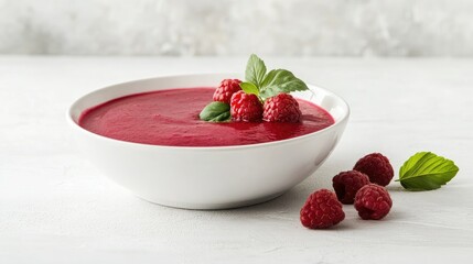 Raspberry puree in a modern white bowl with a few berries as garnish, placed on a clean, minimalistic white table