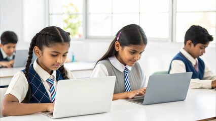 Indian students in a modern classroom setting using laptops, tablets, or interactive smartboards, showcasing how technology is integrated into the learning process.