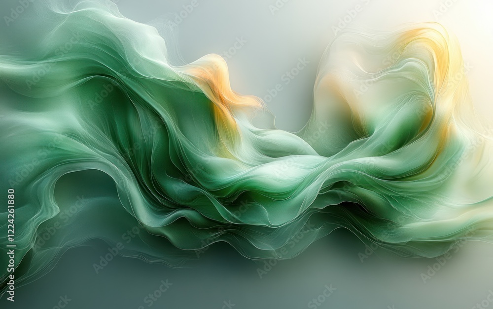 Poster emerald green abstract flowing shapes with transparency and glossy texture