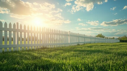 Rolling green grass meets a white picket fence under a sunny sky, evoking feelings of peace and simplicity