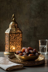 Ramadan iftar breaking fast with dates and water. Arabic lantern on the table. Modern aesthetic interior