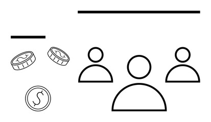Three abstract person icons with coins and bold horizontal lines. Ideal for teamwork, budgeting, leadership, collaboration, financial planning, organizational structure, abstract line flat metaphor