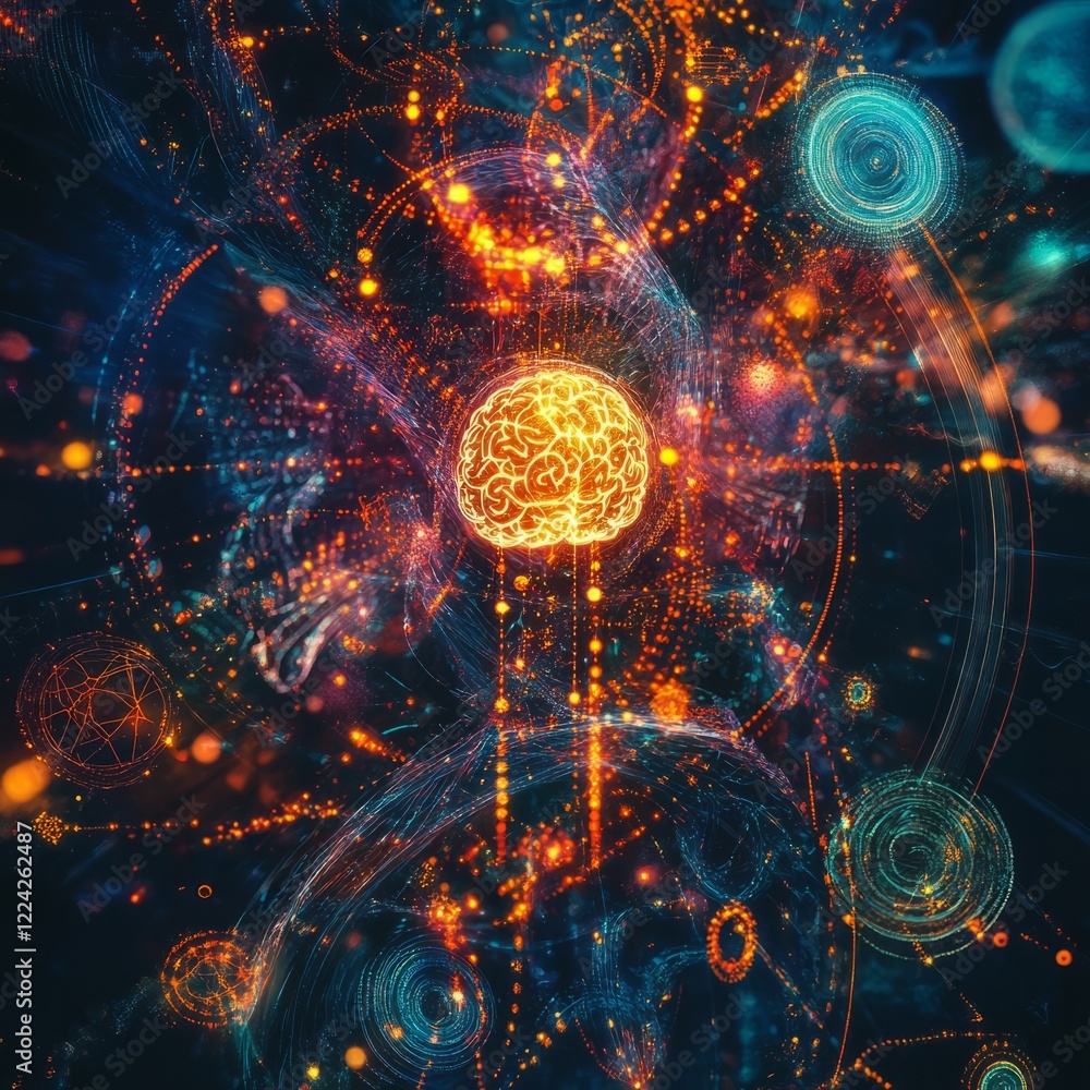 Poster futuristic digital brain with neural network connections and abstract technology elements