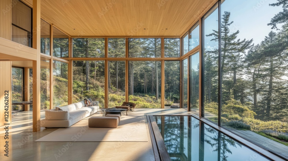 Poster sunlit open room with floor-to-ceiling windows, creating a seamless connection to the surrounding la
